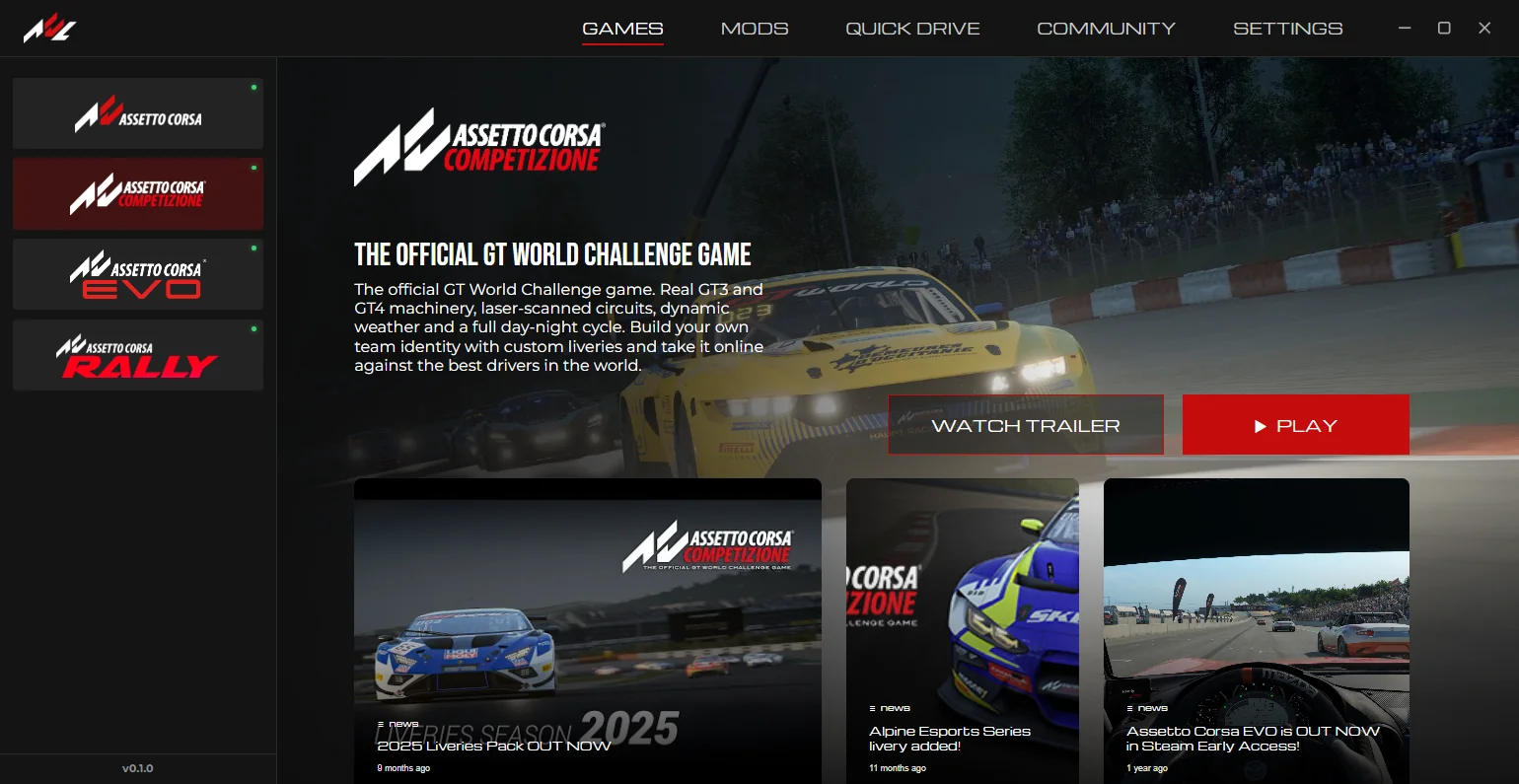 The launcher's Games page, showing Competizione with its news