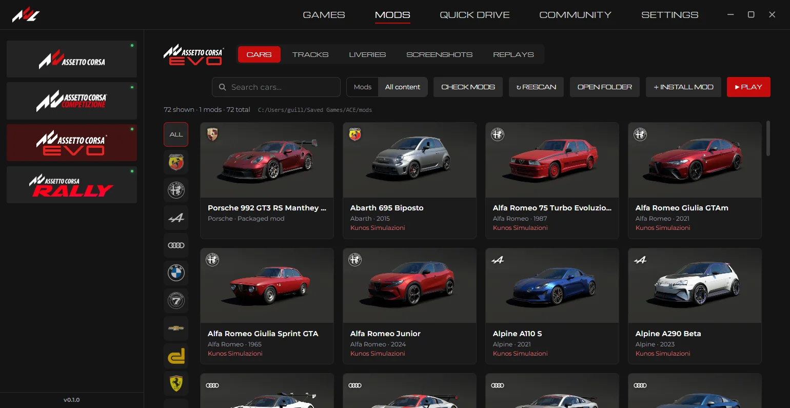The Mods page with EVO's cars and the brand rail