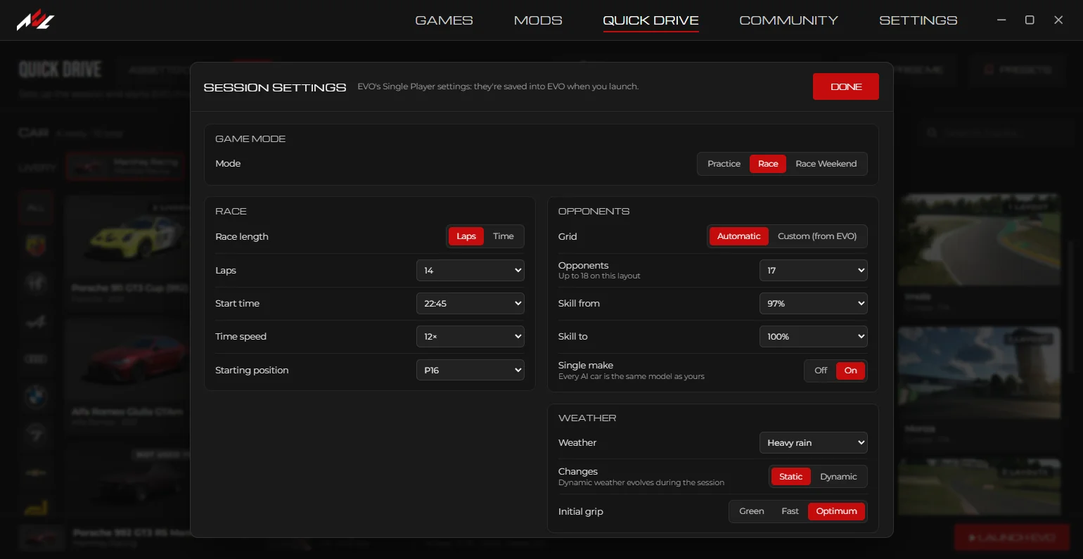 The Session settings sheet for EVO